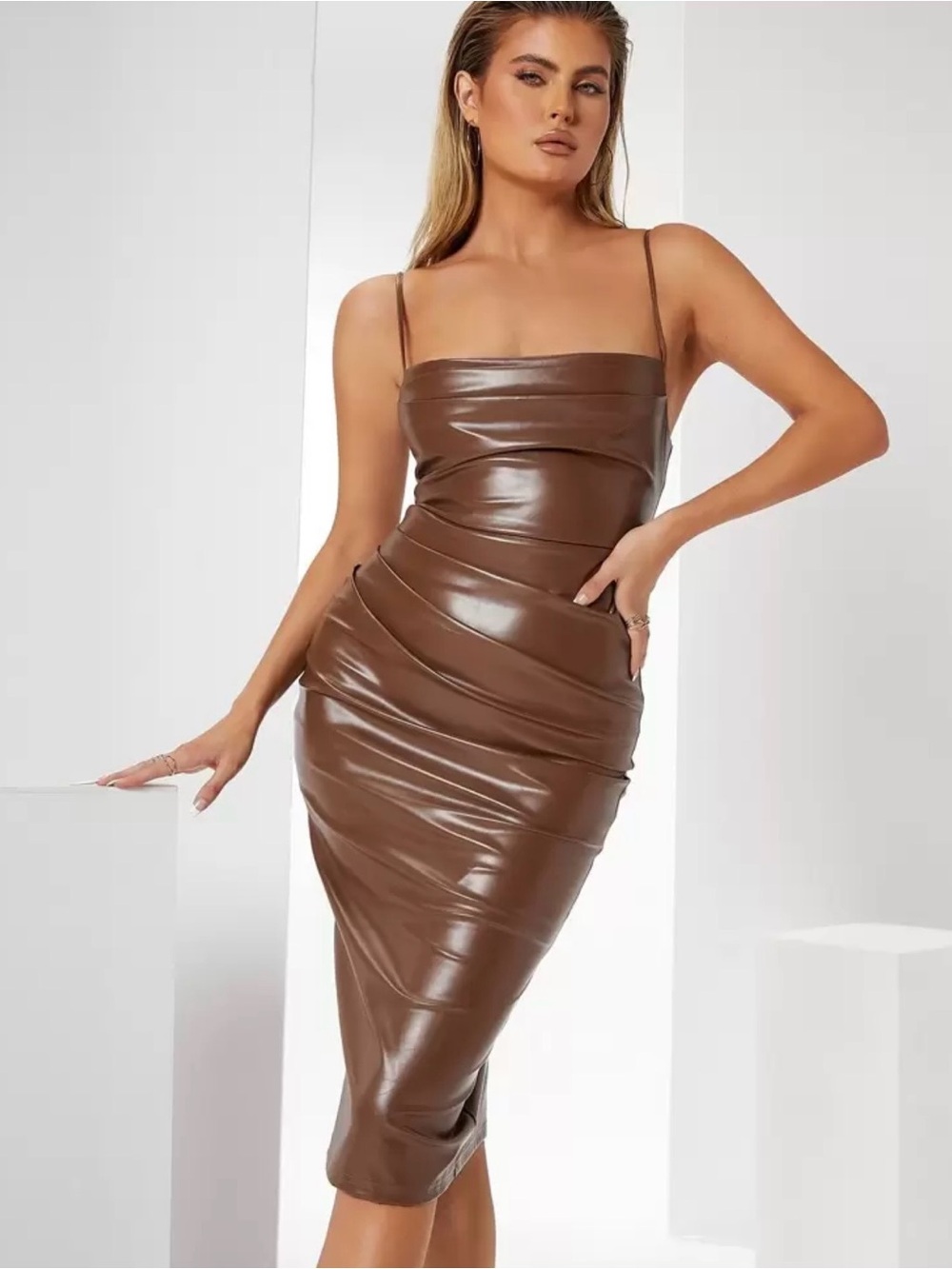 Amazon Brown Faux-Leather Ruched Midi Dress